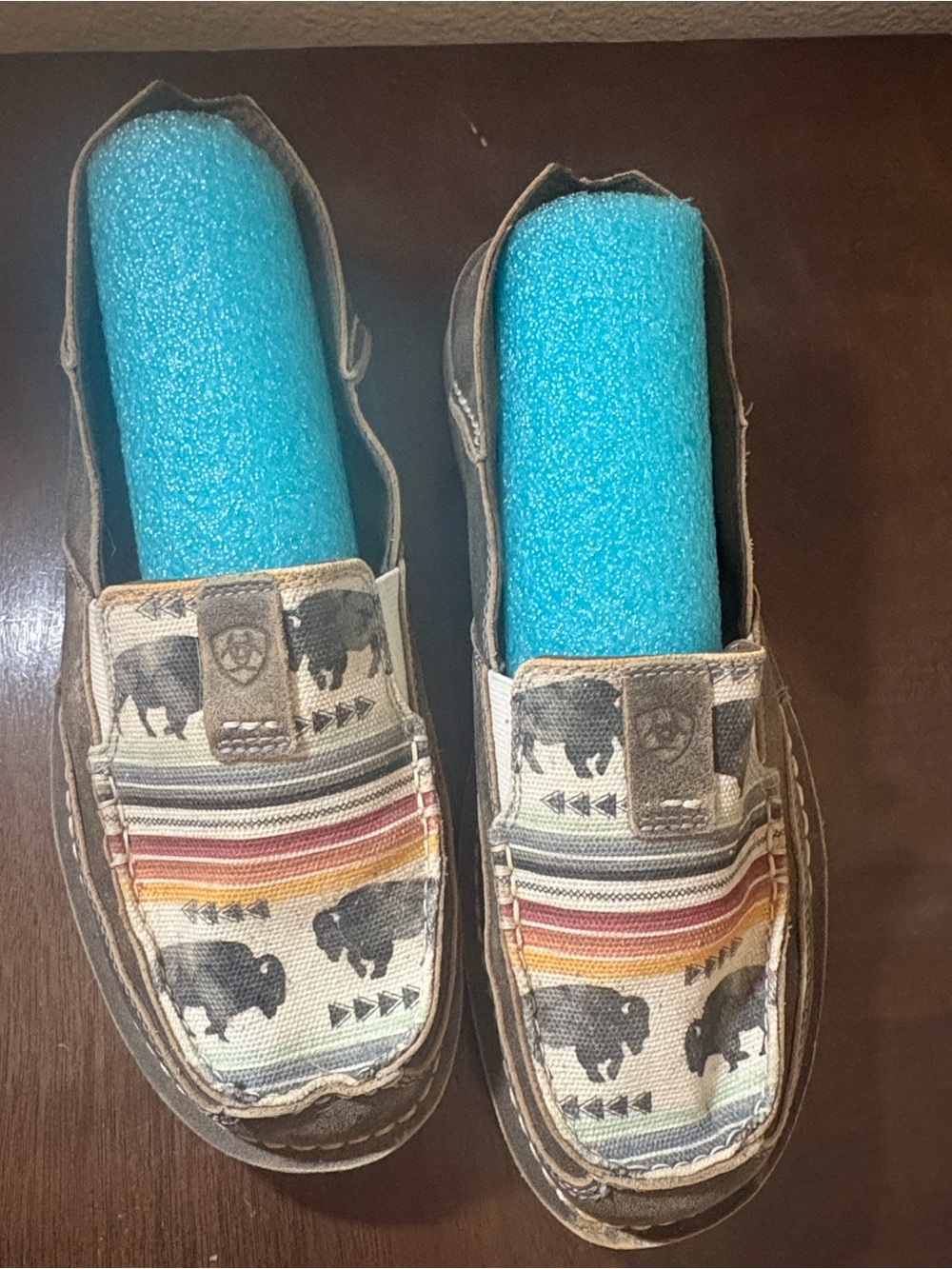 Ariat Women's Slip-On Moccasins with Buffalo Print and Striped Accents